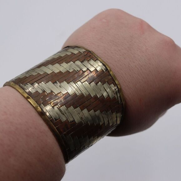 Vintage Copper Braided Woven Cuff Bracelet Bohemian Avant Garde Wide Cuff - Picture 2 of 10